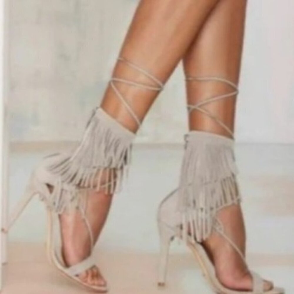 Schutz Kija Suede Leather Cream Tassel Lace-Up Stiletto Heels Women's 6